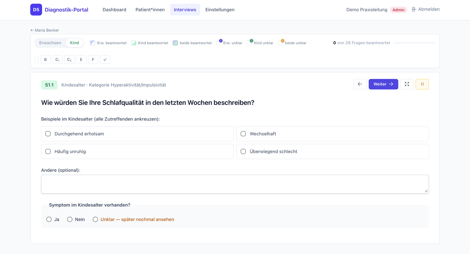 Interview: strukturierter Fragebogen (Erwachsen/Kind) mit Fortschritt, Markierungen und „unklar"-Status.
