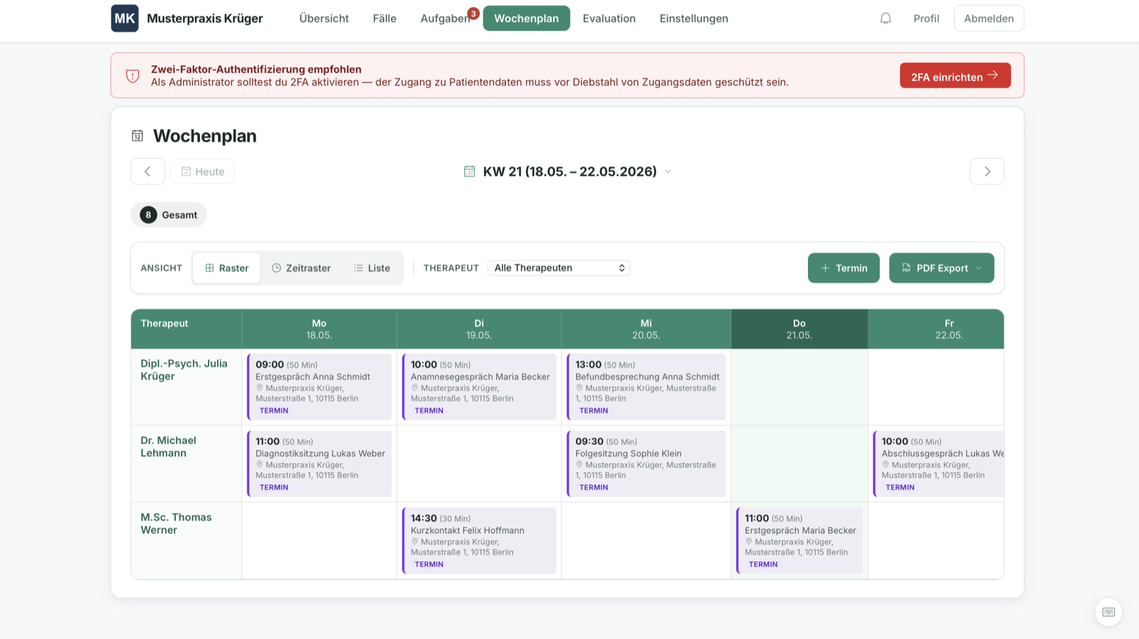 Wochenplan: Termine je Behandler:in in Raster-, Zeitraster- oder Listenansicht, mit PDF-Export.