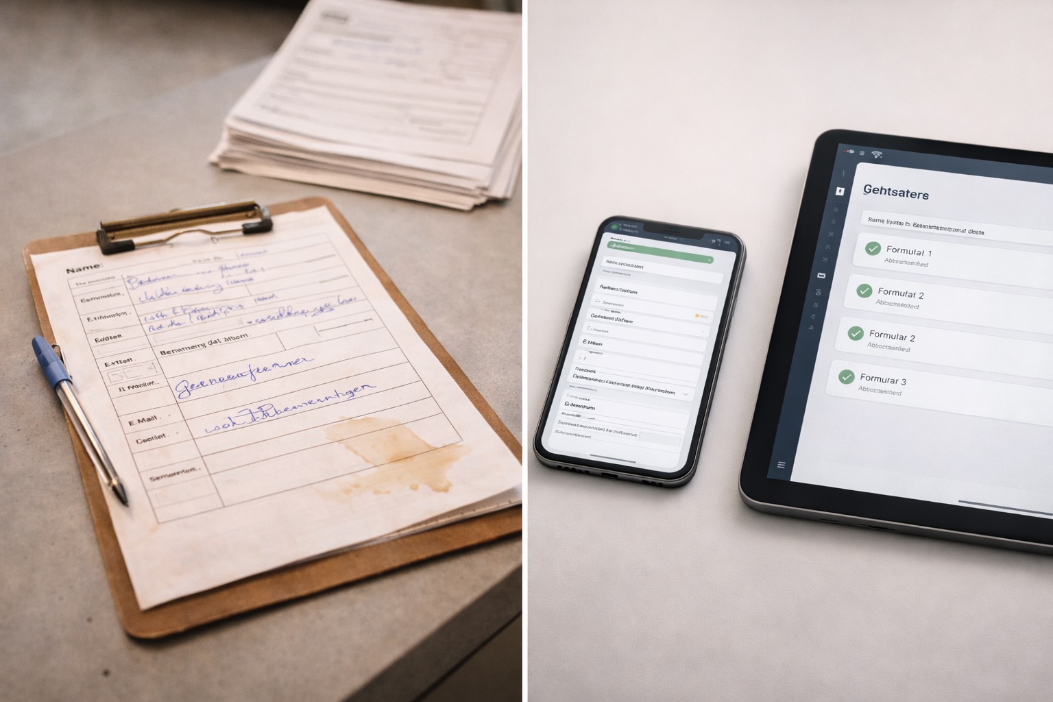 Vorher: Papierstapel und Zettelwirtschaft – Nachher: Übersichtliches digitales Dashboard